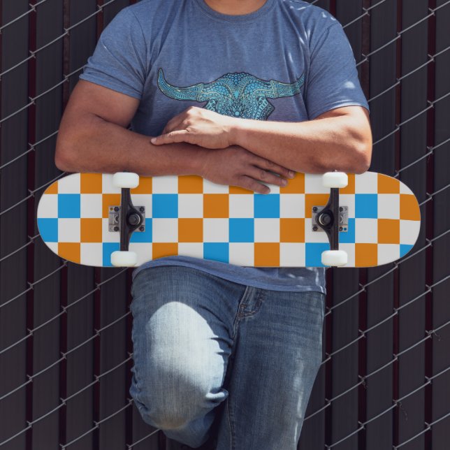 Orange White Blue Checkered Pattern Design  Skateboard (Outdoor 3)