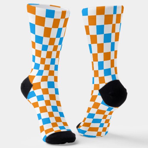 Orange White Blue Checkered Pattern Design Socks