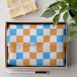 Orange White Blue Checkered Pattern Design  Tissue Paper