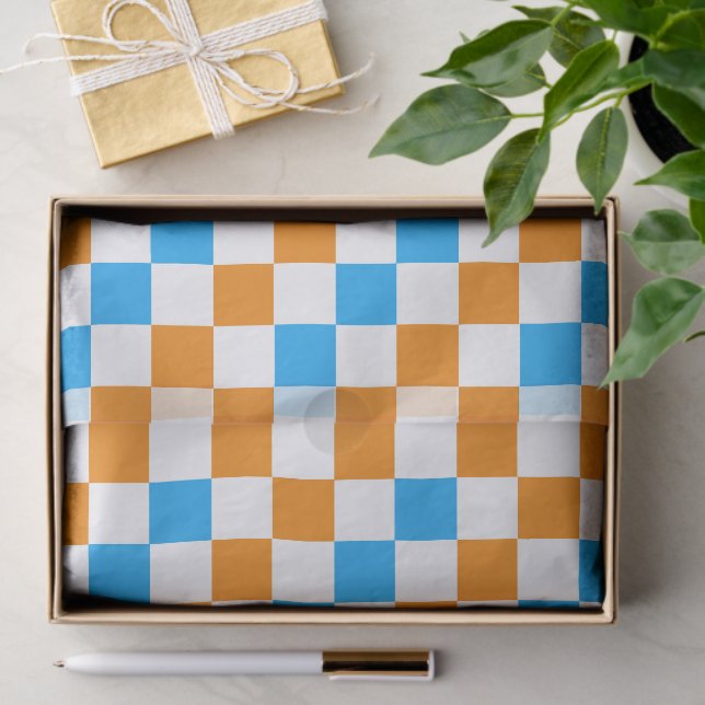 Orange White Blue Checkered Pattern Design  Tissue Paper (Gift)