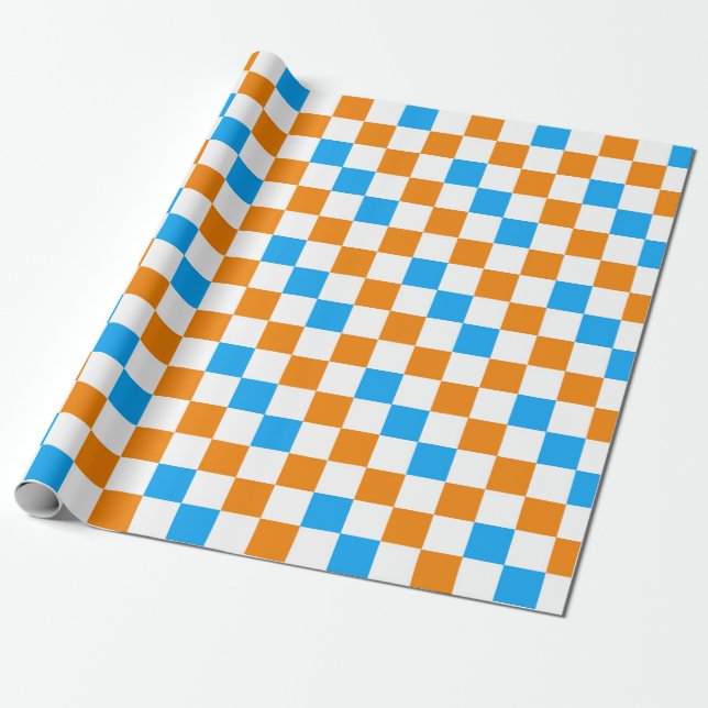 Orange White Blue Checkered Pattern Design  Wrapping Paper (Unrolled)