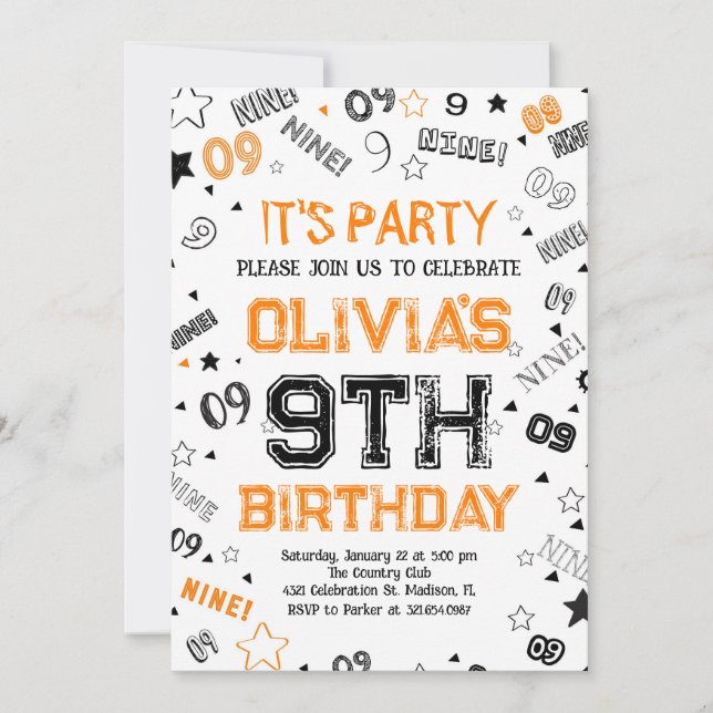 Orange White Boy Number Nine Birthday Party Invitation (Front)