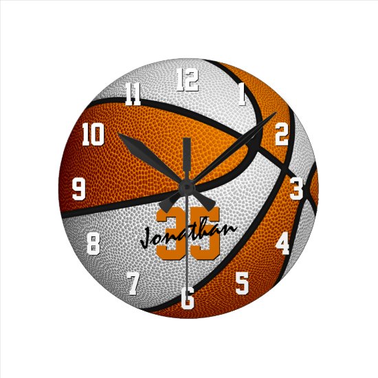 orange white boys girls basketball personalized round clock