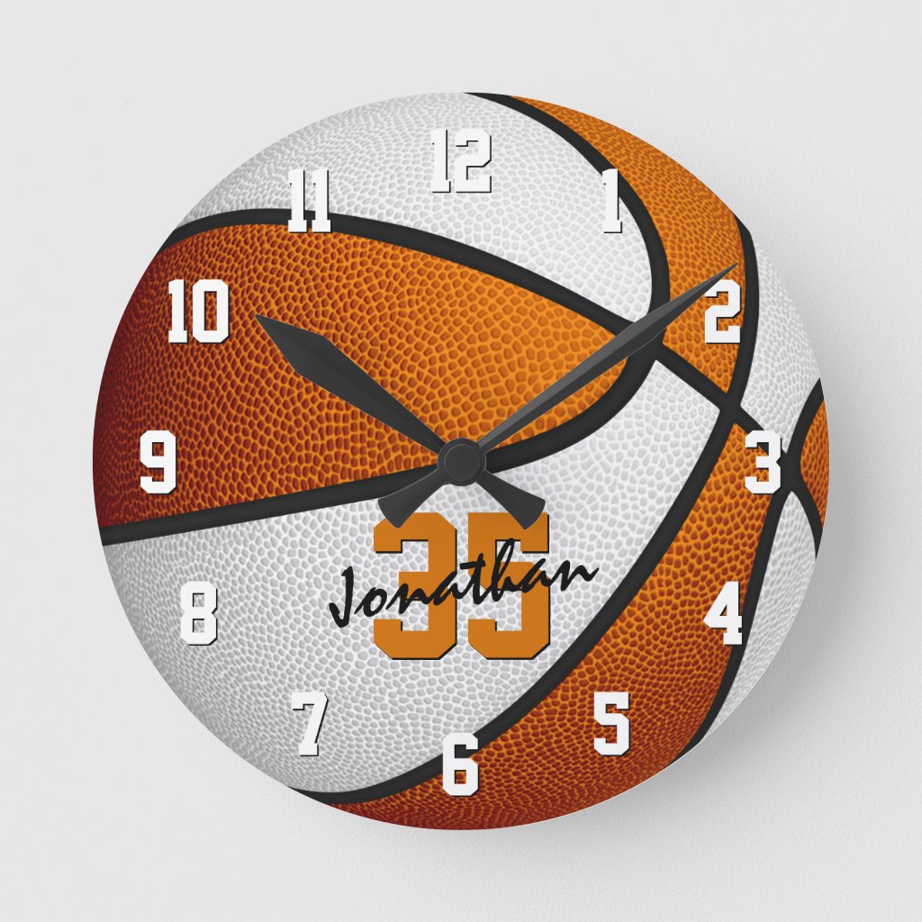 orange white boys girls basketball personalized round clock