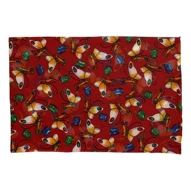 Orange white Butterflies, Emerald, Sapphire on red Pillow Case (Front-Left)