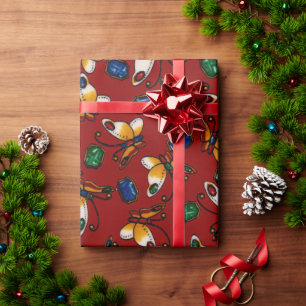 Orange white Butterflies, Emerald, Sapphire on red Wrapping Paper