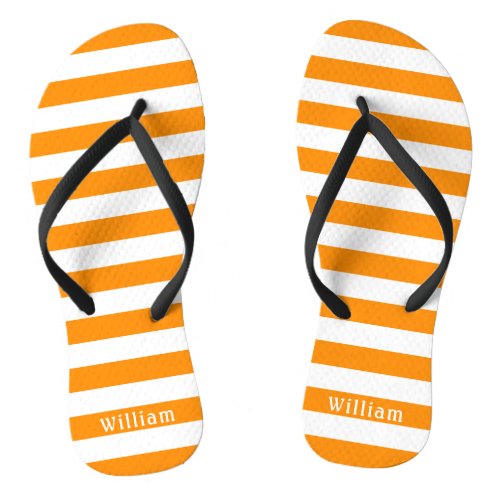 Orange White Cabana Stripes Personalized Beach Flip Flops