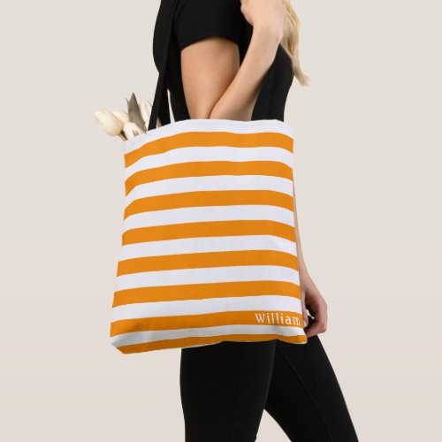 Orange White Cabana Stripes Personalized Beach Tote Bag
