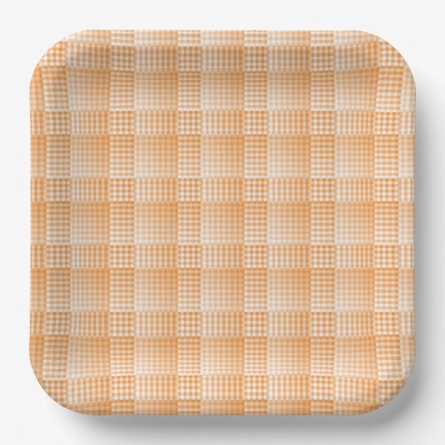 Orange White Checker Abstract Pattern Paper Plates (Front)