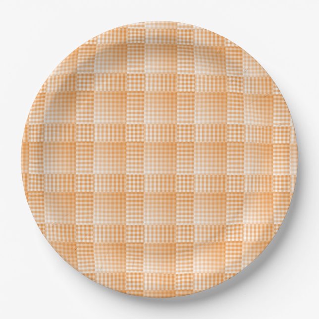 Orange White Checker Abstract Pattern Paper Plates (Front)