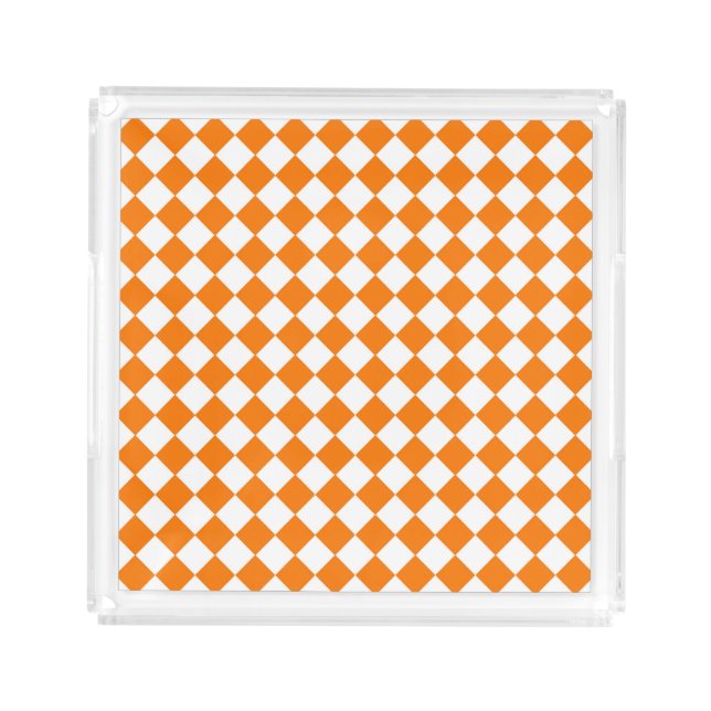 Orange White Checker Diamond Pattern Acrylic Tray (Front)