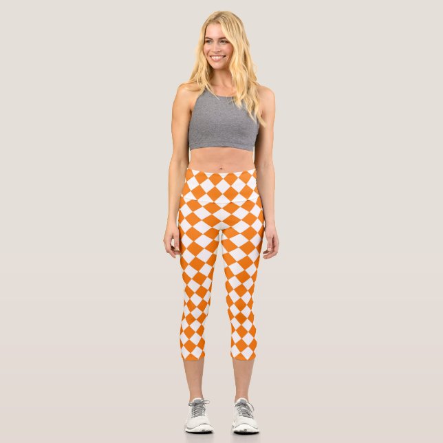 Orange White Checker Diamond Pattern  Capri Leggings (Front)