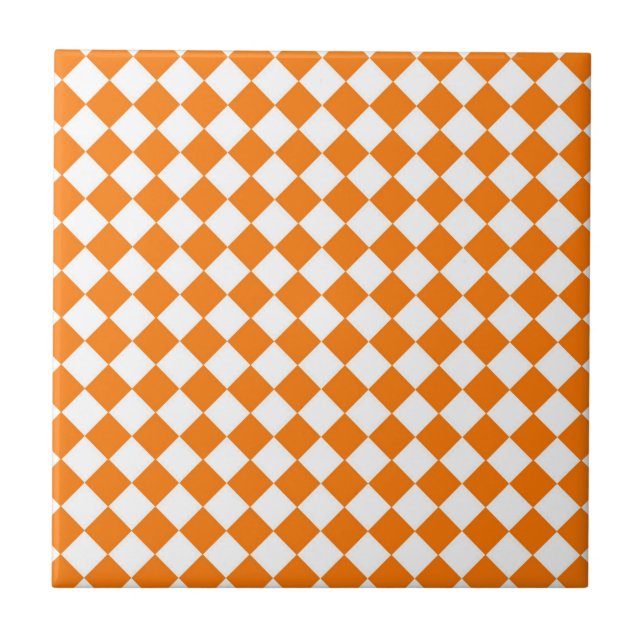 Orange White Checker Diamond Pattern Ceramic Tile (Front)