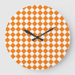 Orange White Checker Diamond Pattern Large Clock