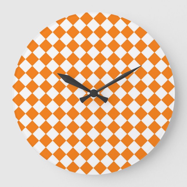 Orange White Checker Diamond Pattern Large Clock (Front)