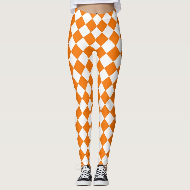 Orange White Checker Diamond Pattern  Leggings (Front)