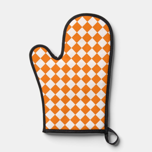 Orange White Checker Diamond Pattern Oven Mitt (Front)