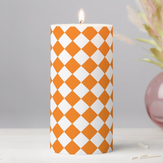 Orange White Checker Diamond Pattern Pillar Candle (In Situ)