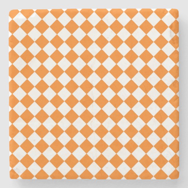 Orange White Checker Diamond Pattern Stone Coaster (Front)