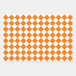 Orange White Checker Diamond Pattern Wrapping Paper Sheets