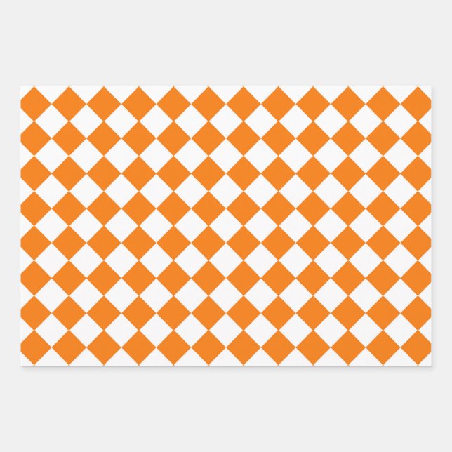 Orange White Checker Diamond Pattern Wrapping Paper Sheets (Front)