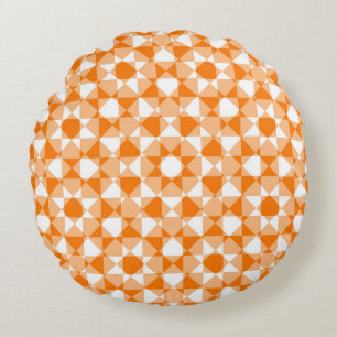 Orange White Checker Diamond Plaid Pattern Round Pillow
