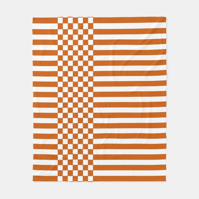Orange & White Checker & Stripes Repeat Pattern Fleece Blanket (Front)