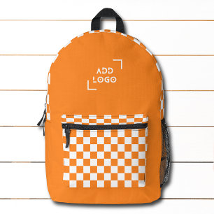 Orange White Checkerboard Check Pattern Logo Printed Backpack