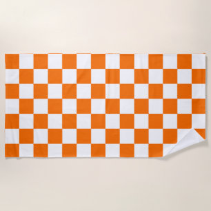 Orange White Checkered Check Pattern Beach Towel