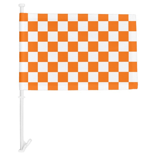 Orange White Checkered Check Pattern Car Flag (Front)