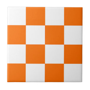 Orange White Checkered Check Pattern Ceramic Tile