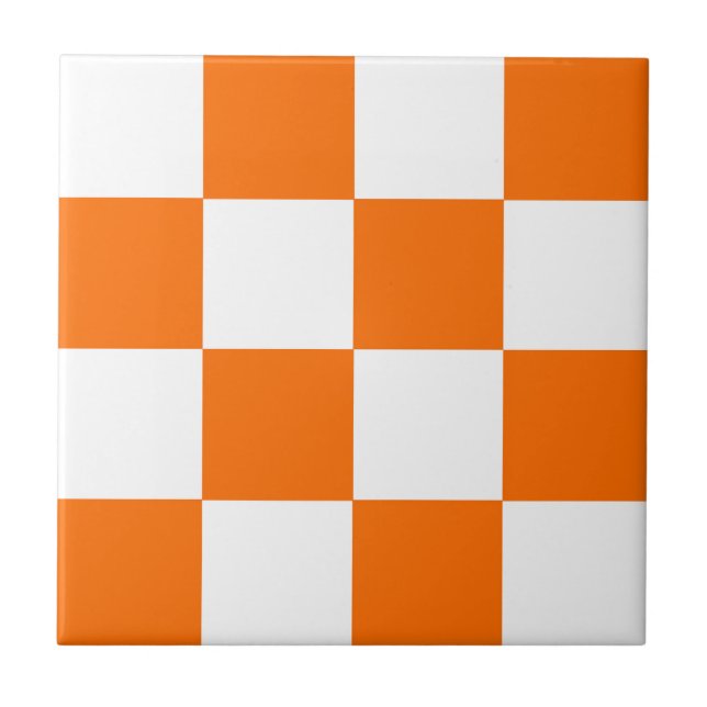 Orange White Checkered Check Pattern Ceramic Tile (Front)
