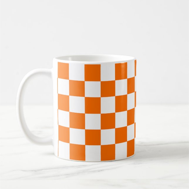 Orange White Checkered Check Pattern Coffee Mug (Left)