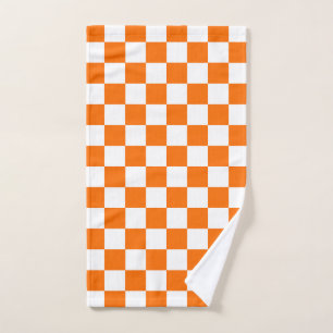 Orange White Checkered Check Pattern Hand Towel