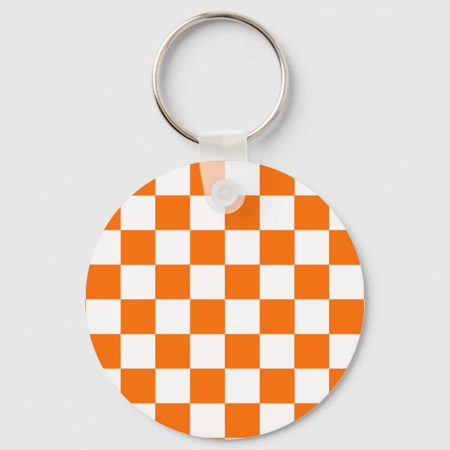 Orange White Checkered Check Pattern Keychain (Front)