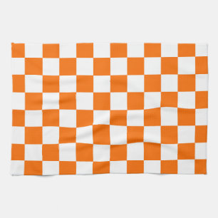Orange White Checkered Check Pattern Kitchen Towel