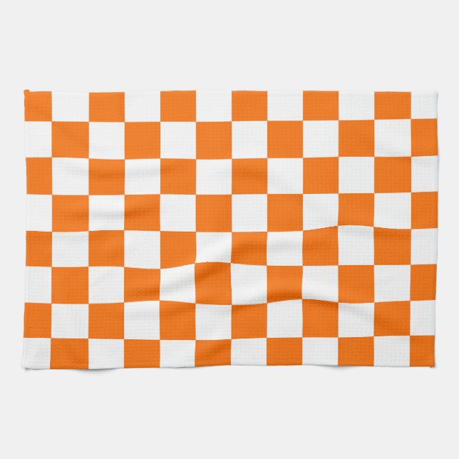 Orange White Checkered Check Pattern Kitchen Towel (Horizontal)
