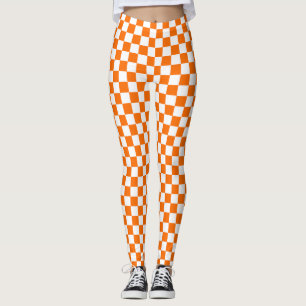 Orange White Checkered Check Pattern Leggings