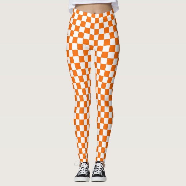 Orange White Checkered Check Pattern Leggings (Front)