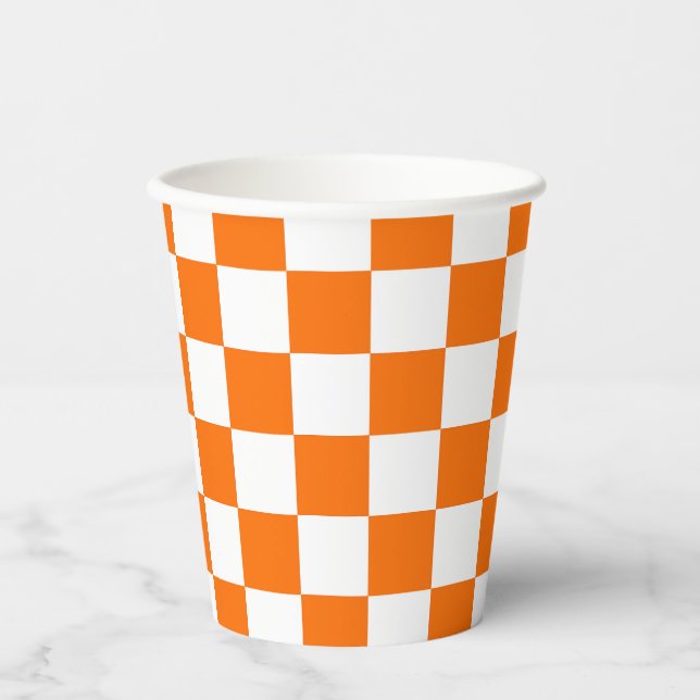 Orange White Checkered Check Pattern Paper Cups (Front)