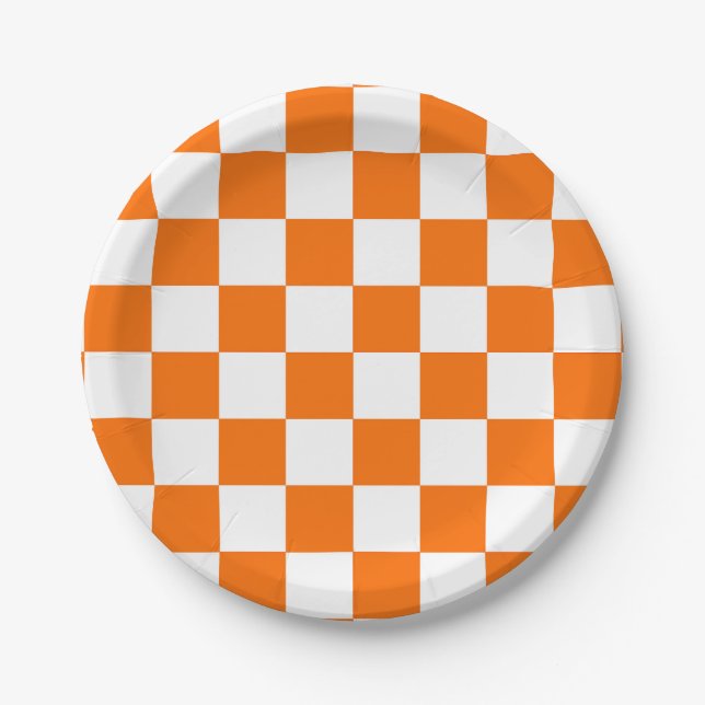 Orange White Checkered Check Pattern Paper Plates (Front)