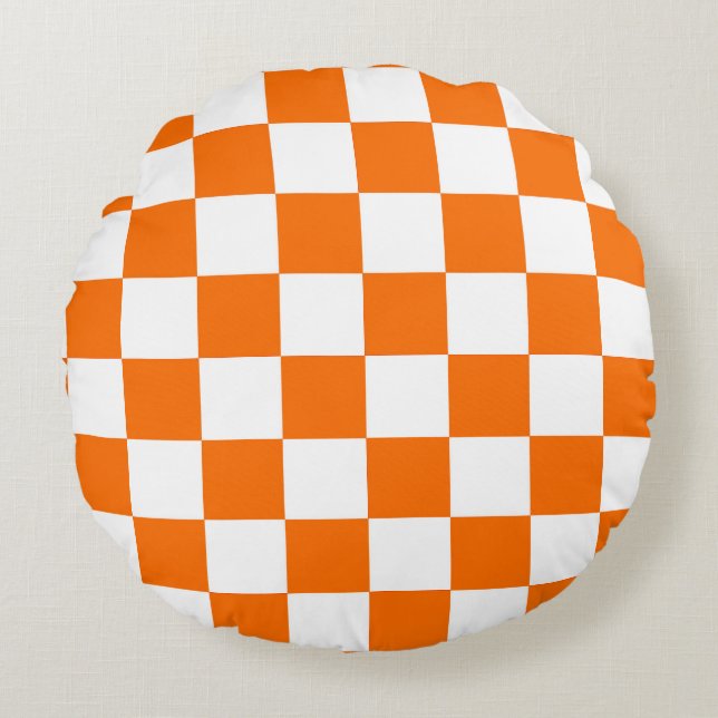 Orange White Checkered Check Pattern Round Pillow (Front)