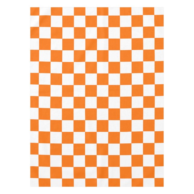 Orange White Checkered Check Pattern Tablecloth (Front)