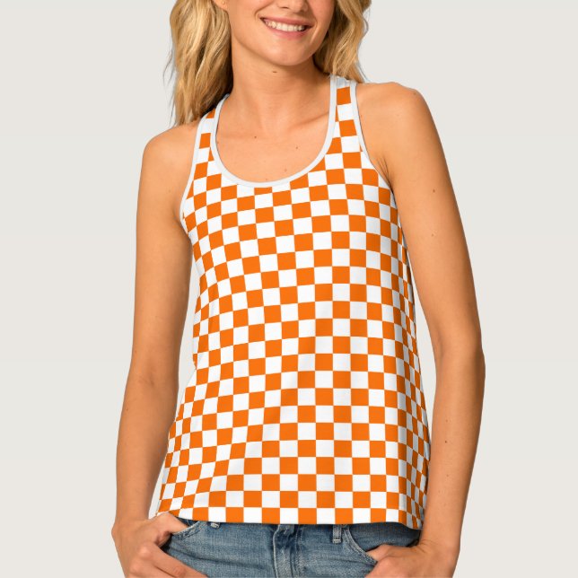 Orange White Checkered Check Pattern Tank Top (Front)
