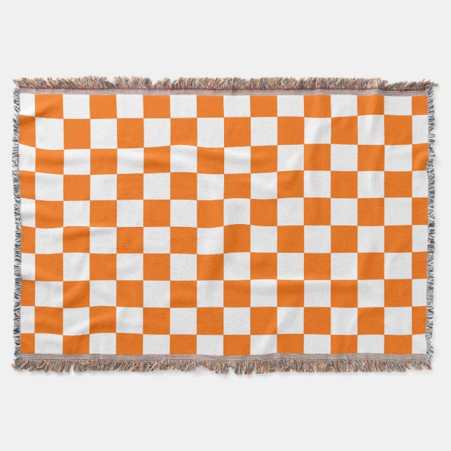 Orange White Checkered Check Pattern Throw Blanket (Front)