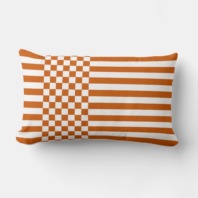 Orange & White Checkers & Stripes Pattern Lumbar Pillow (Front)