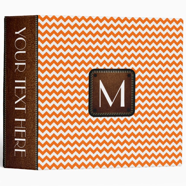 Orange White Chevron Custom Monogram 3 Ring Binder (Front/Spine)