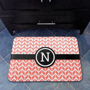 Orange White Chevron Pattern Monogram Bold Modern Bath Mat