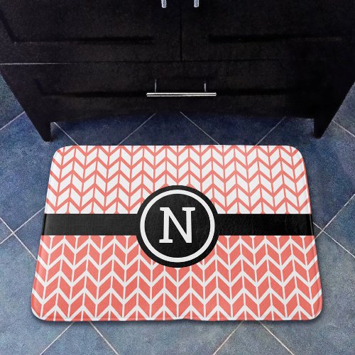 Orange White Chevron Pattern Monogram Bold Modern Bath Mat