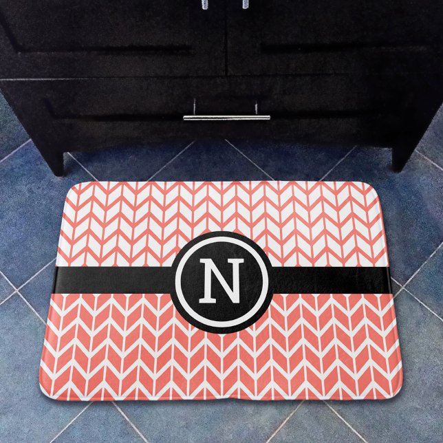 Orange White Chevron Pattern Monogram Bold Modern Bath Mat (Creator Uploaded)